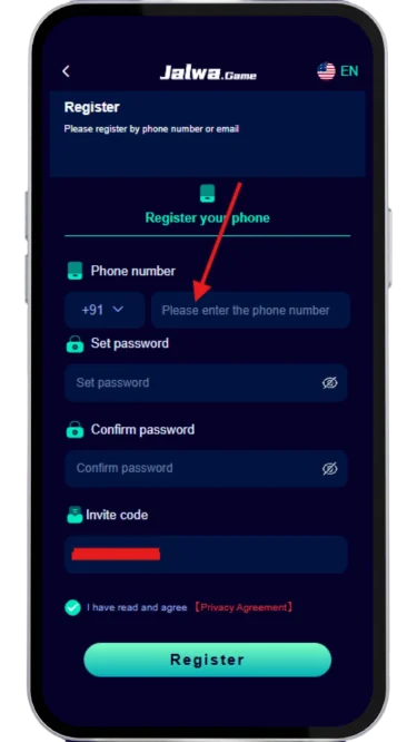 enter mobile number to register